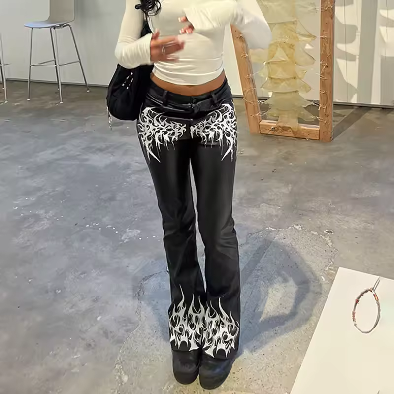 Casual Button Fly High Waist Stretch Slim PU Leather Boot Cut Flare Pants