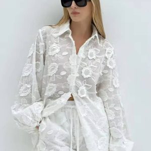 Casual Button Wrist Sleeve Shirts And High Waist Shorts 2 Piece Sets