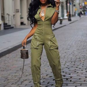 Casual Cargo Pants Sleeve Zipper Pocket Jumpsuit Streetwear