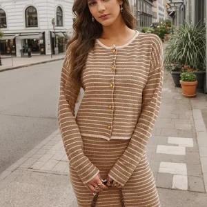 Casual Crew Neck Cardigan And Midi Skirt Striped Knitted Two Piece Set