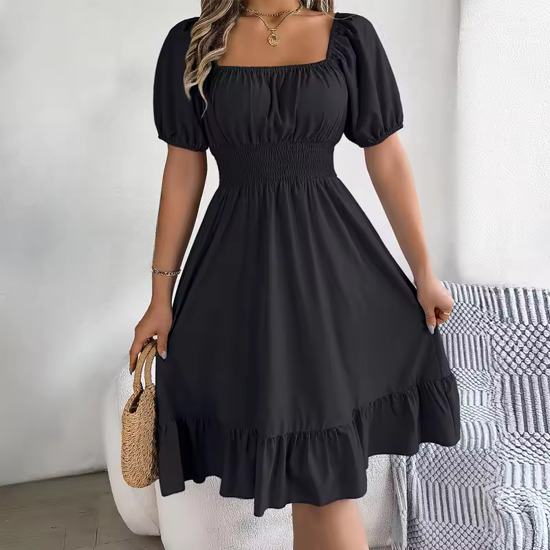 Casual Fitted Square Neck Ruffle Hem High Waisted Knee-Length Dress
