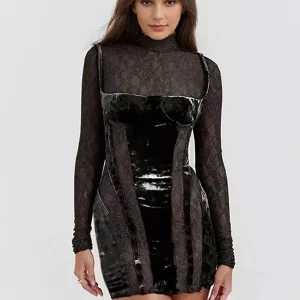 Elegant High Neck Lace Long Sleeve Sheer Bodycon Mini Dress