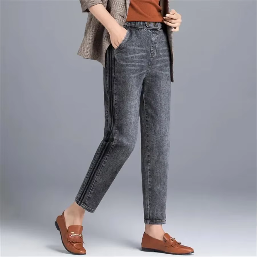 Casual High Waist Stripe Denim Baggy Ankle Length Harem Jeans