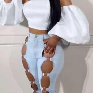 Casual Hollow Out Cross Border Steel Rim Hollow Tight Leg Jeans