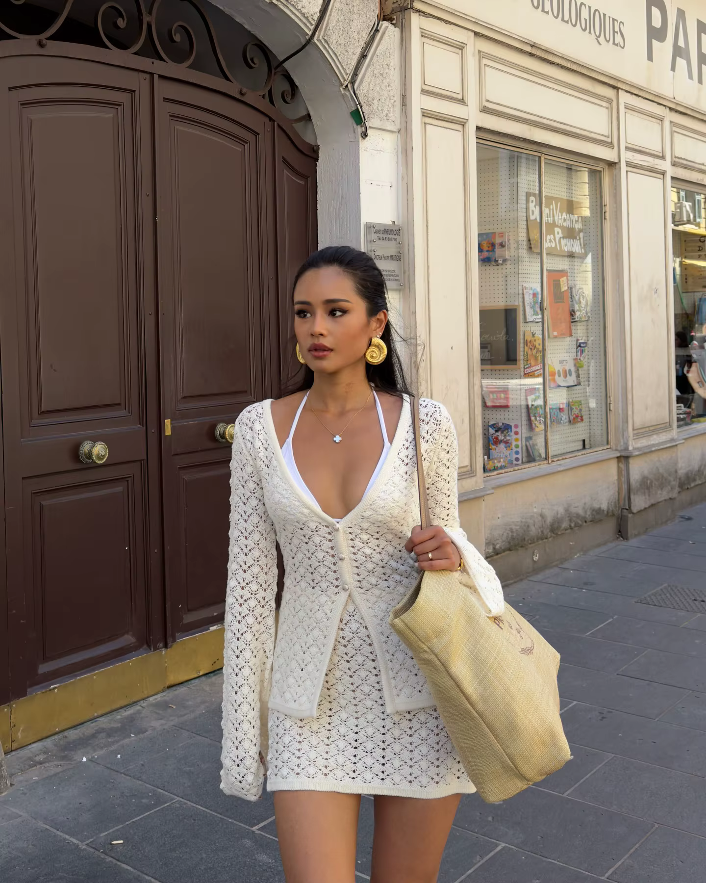 Casual Hollow Out V-Neck Cardigan Coat And High Waist Mini Skirt Knit 2 Piece-Set - Image 2