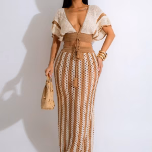 Casual Knitted Striped Hollow Out Slim Bohemian Beachwear Two Piece Set