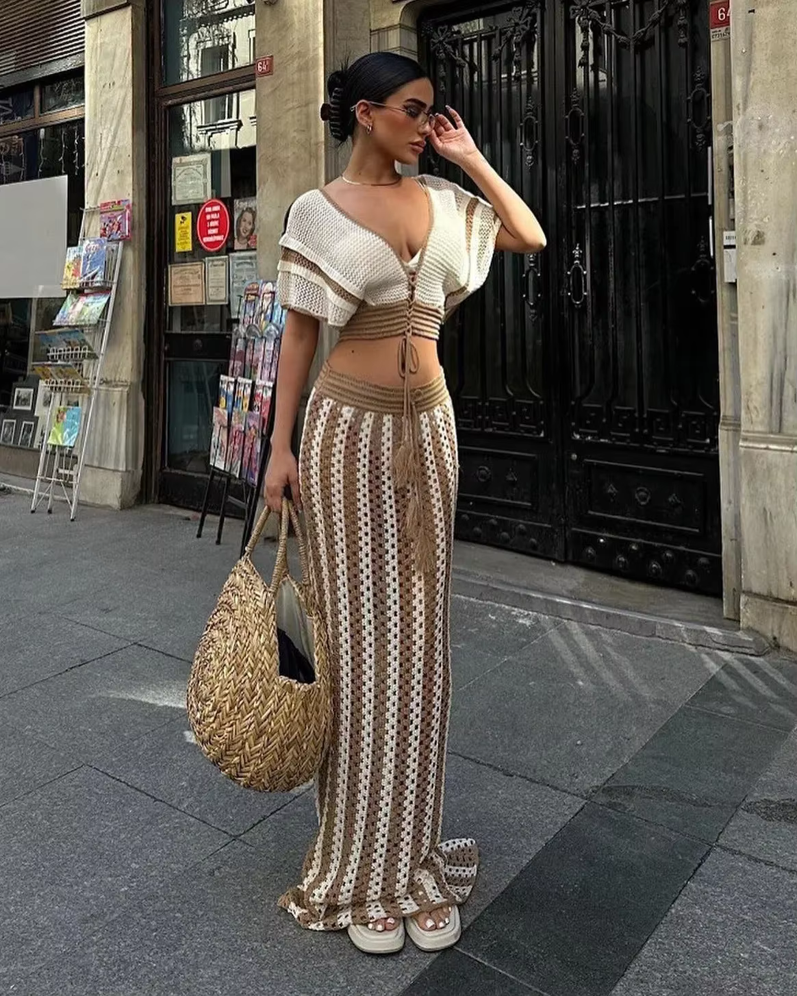 Casual Knitted Striped Hollow Out Slim Bohemian Beachwear Two Piece Set - Image 6