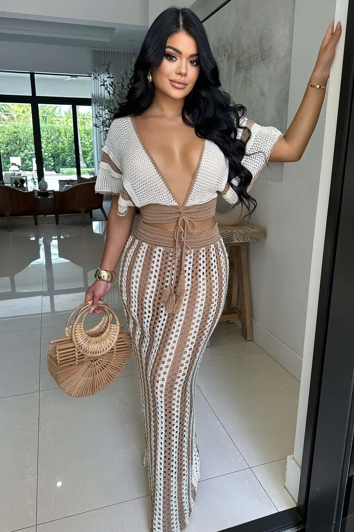 Casual Knitted Striped Hollow Out Slim Bohemian Beachwear Two Piece Set - Image 4