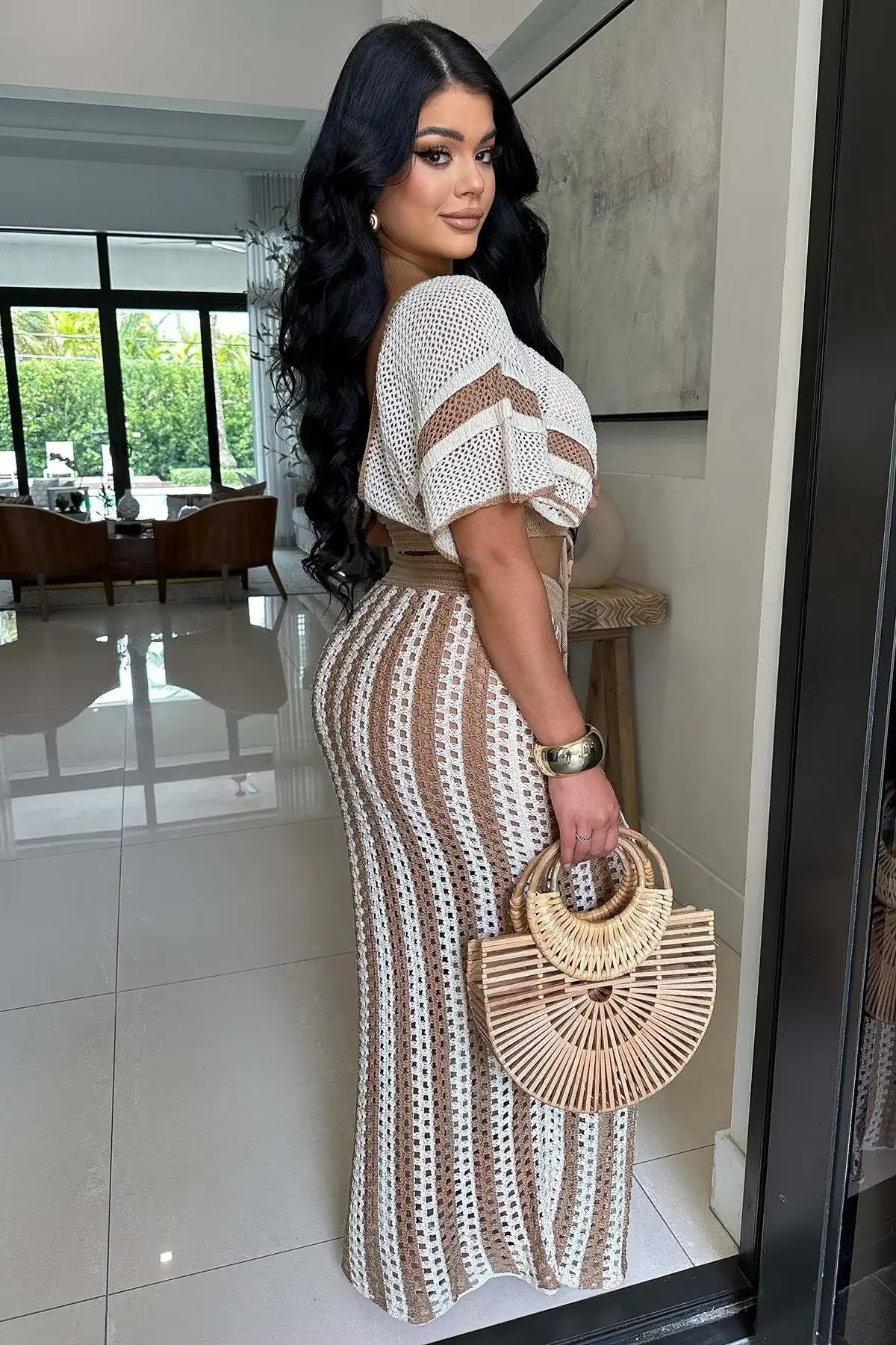 Casual Knitted Striped Hollow Out Slim Bohemian Beachwear Two Piece Set - Image 3