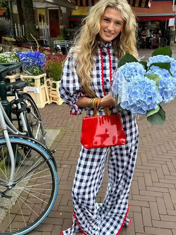 Casual Lace Plaid Lapel Single Breasted Half Sleeve Shirt And Pant 2 Piece Sets