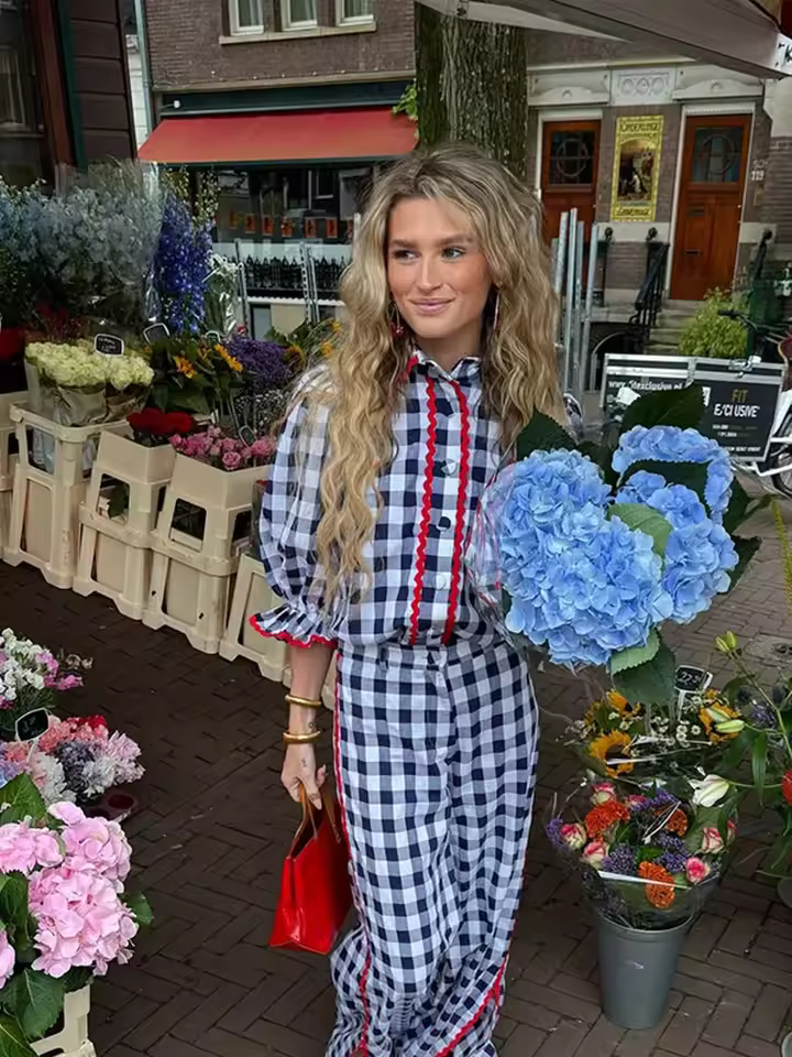 Casual Lace Plaid Lapel Single Breasted Half Sleeve Shirt And Pant 2 Piece Sets - Image 2