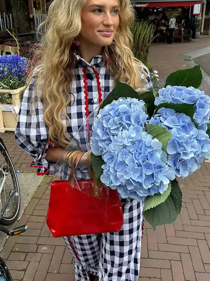 Casual Lace Plaid Lapel Single Breasted Half Sleeve Shirt And Pant 2 Piece Sets - Image 3