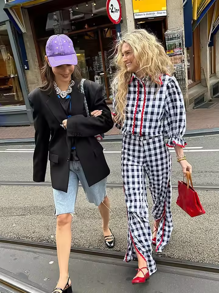 Casual Lace Plaid Lapel Single Breasted Half Sleeve Shirt And Pant 2 Piece Sets - Image 5