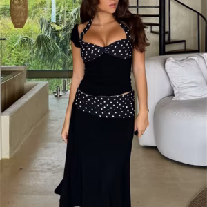 Casual Lace-Up Contrast Backless Cropped Top And High Waist Skirt 2 Piece-Set