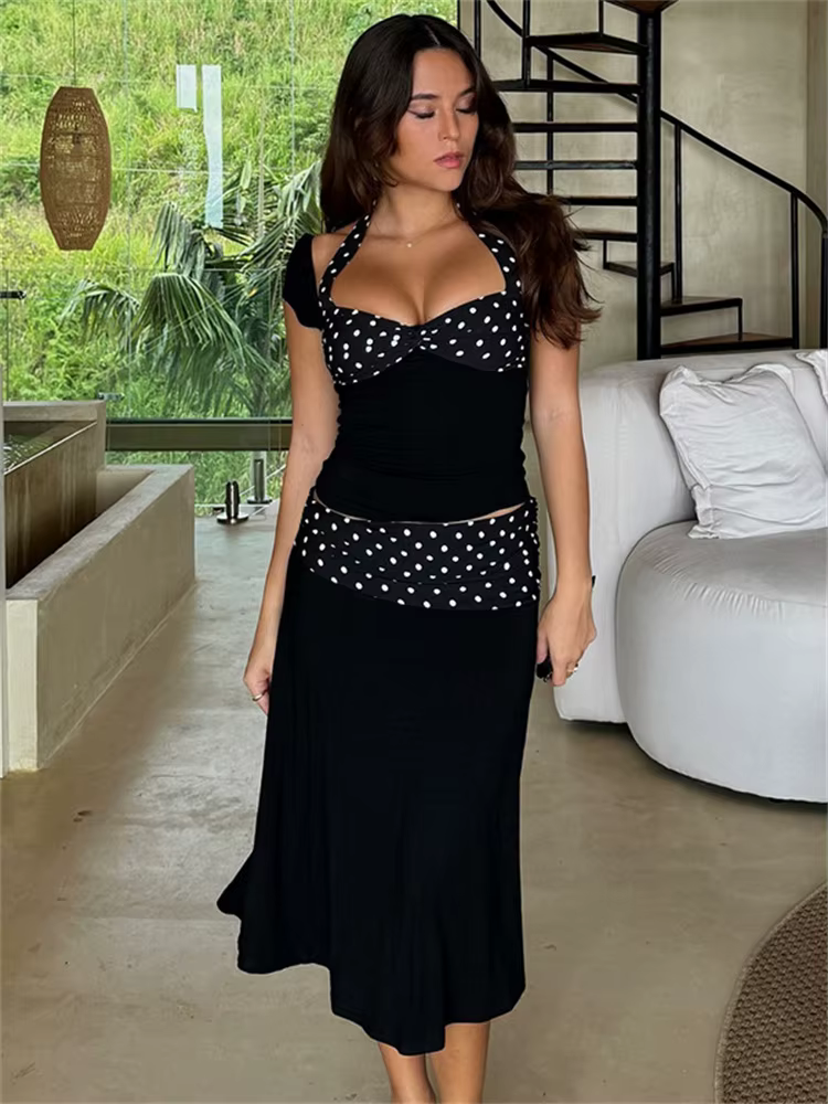 Casual Lace-Up Contrast Backless Cropped Top And High Waist Skirt 2 Piece-Set