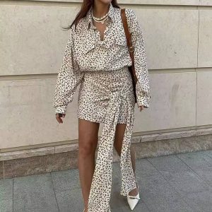 Casual Lapel Button Pockets Shirts And Lace-Up Slim Skirts 2 Piece Set