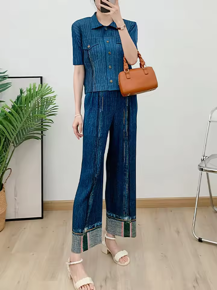 Casual Lapel Single Breasted Shirts And Wide Leg Trousers Pants 2 Piece Set