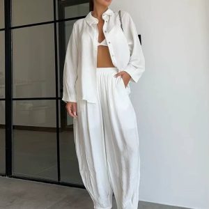 Casual Long Sleeve Blouse With High Waist Pants Loose 2 Piece Sets
