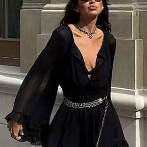 Casual Long Sleeve Button Ruffled High Waisted Pleated Mini Dress