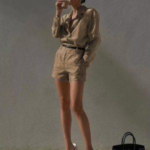 Casual Long Sleeve Shirt With High Waist Streetwear Shorts 2 Piece Sets