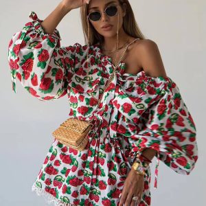 Casual Loose Print Diagonal Collar Long Sleeve Mini Dress