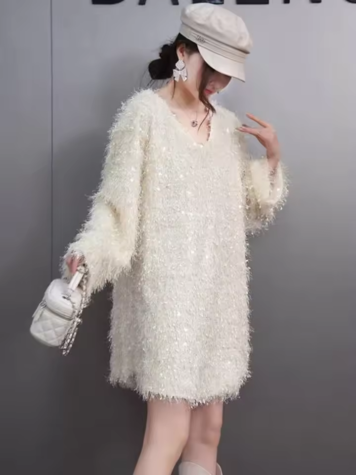 Casual O-Neck Pullover Loose Mini Sweater Dresses - Image 3