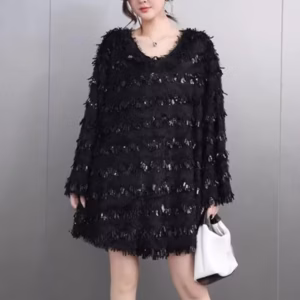 Casual O-Neck Tassels Large Size Plush Mini Dress