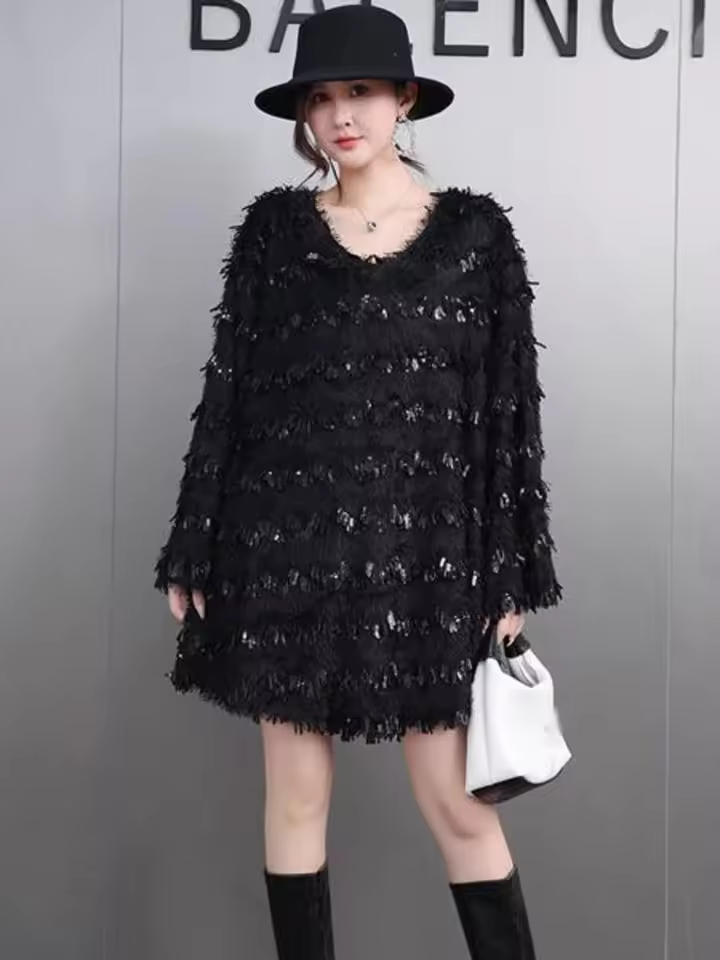 Casual O-Neck Tassels Large Size Plush Mini Dress
