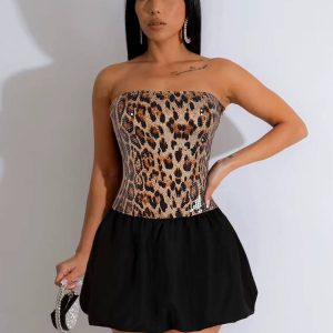 Casual Off Shoulder Leopard Print Sequins Patchwork A-line Mini Dress