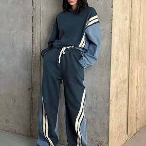 Casual Patchwork O-Neck Long Sleeve Blouse And Pant 2 Piece Sets