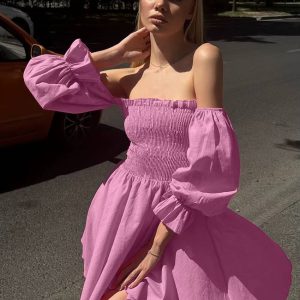 Casual Pleated Slash Neck Short Sleeve Loose Cotton Mini Dress