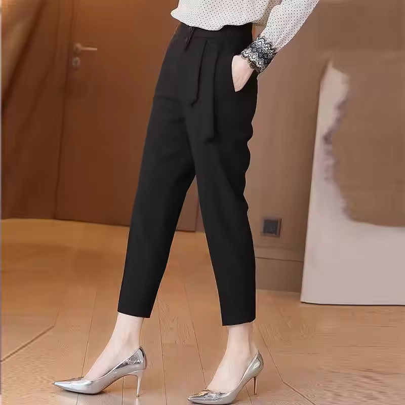 Casual Pockets Button Zipper High Waist Office Lady Ankle Length Trousers
