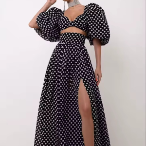 Casual Polka Dots Printed Suit Cropped Square Neck Top Slit High Waist Skirt