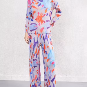 Casual Print Pleated Loose Full Sleeve Stand Collar T Shirts And Wide Leg Trousers