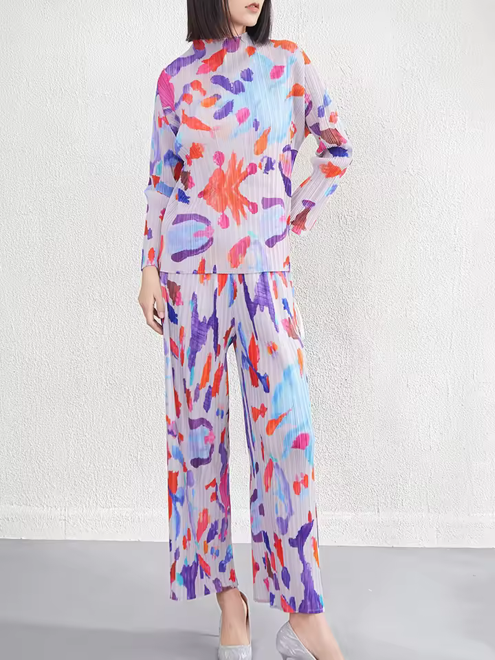 Casual Print Pleated Loose Full Sleeve Stand Collar T Shirts And Wide Leg Trousers