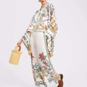 Casual Print Wide Leg Pants Loose Long Sleeve Shirt Two Piece Set