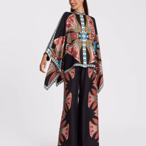 Casual Print Wide Leg Pants Loose Long Sleeve Shirt Two Piece Set