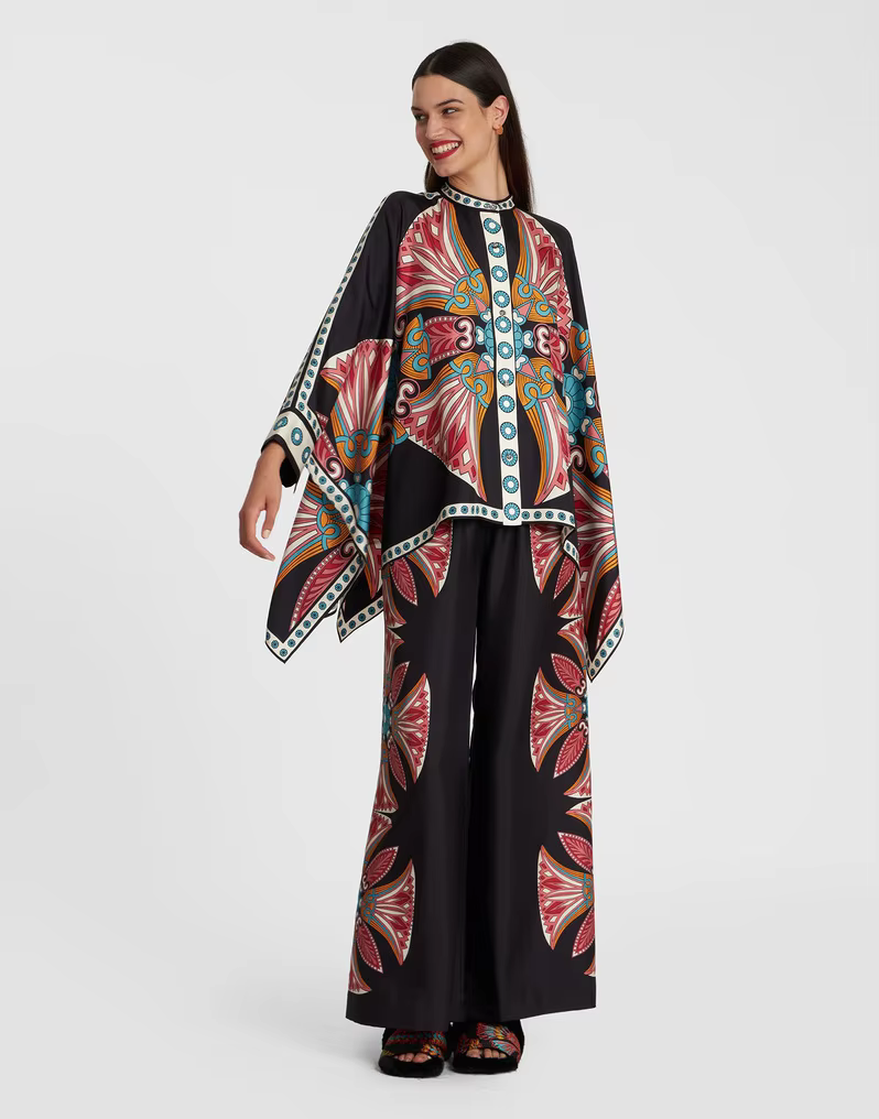 Casual Print Wide Leg Pants Loose Long Sleeve Shirt Two Piece Set