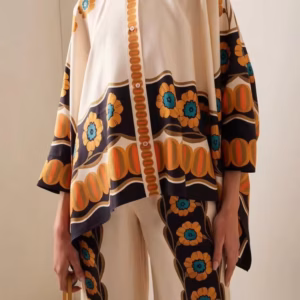 Vintage Print Wide Leg Pants Loose Long Sleeve Shirt Two Piece Set