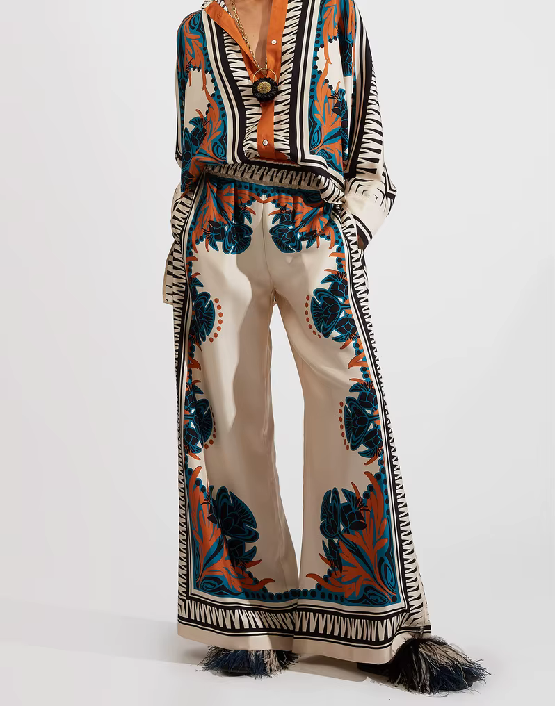 Vintage Print Wide Leg Pants Loose Long Sleeve Shirt Two Piece Set - Image 2