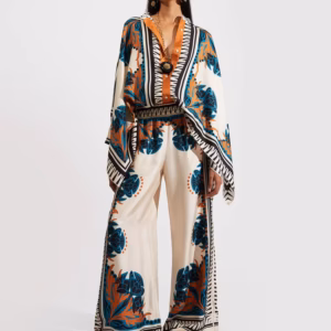 Vintage Print Wide Leg Pants Loose Long Sleeve Shirt Two Piece Set