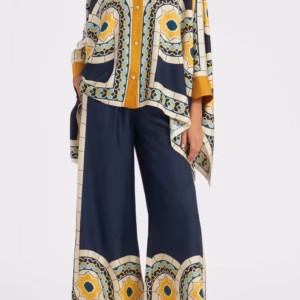 Casual Print Wide Leg Pants Loose Long Sleeve Shirt Two Piece Set