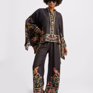 Vintage Print Wide Leg Pants Loose Long Sleeve Shirt Two Piece Set