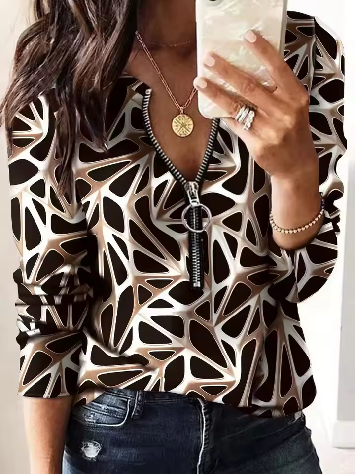 Casual Printed V-Neck Zipper Pullover Office Lady T-shirt