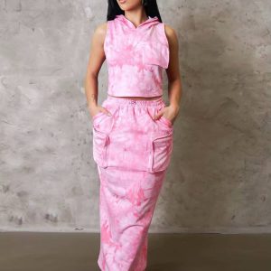 Casual Pullover Cargo Skirts And Sleeveless Hoodies 2 Piece Outfits