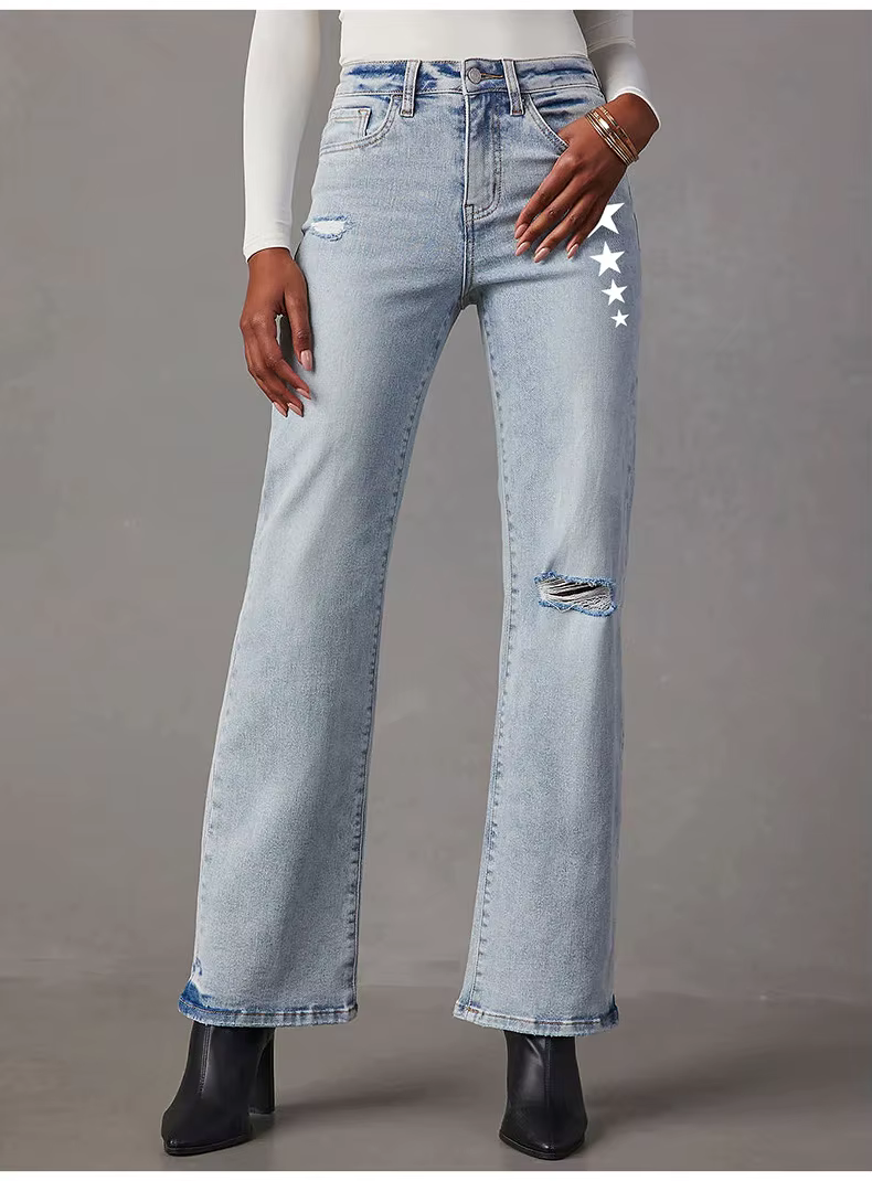 Casual Ripped High Waisted Loose With Pockets Flared Jeans - Image 3