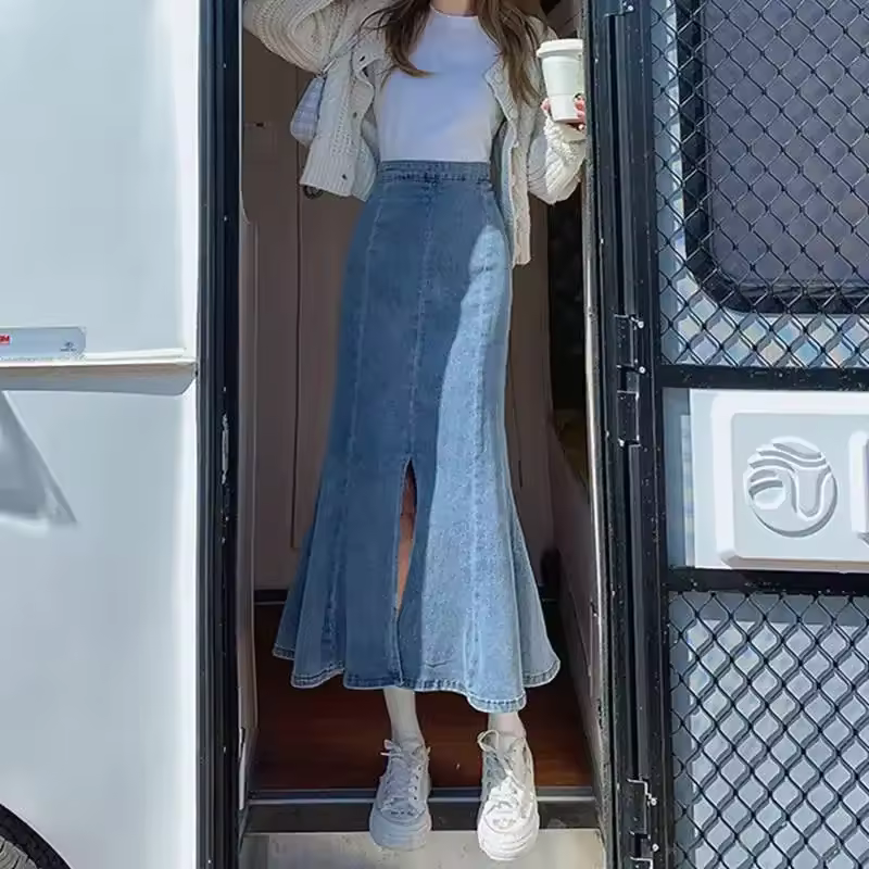 Casual Ruffles Denim High Waist Empire Midi Stretch Skirt - Image 3