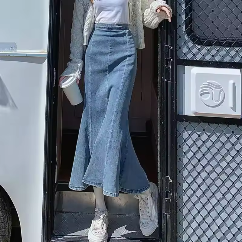 Casual Ruffles Denim High Waist Empire Midi Stretch Skirt