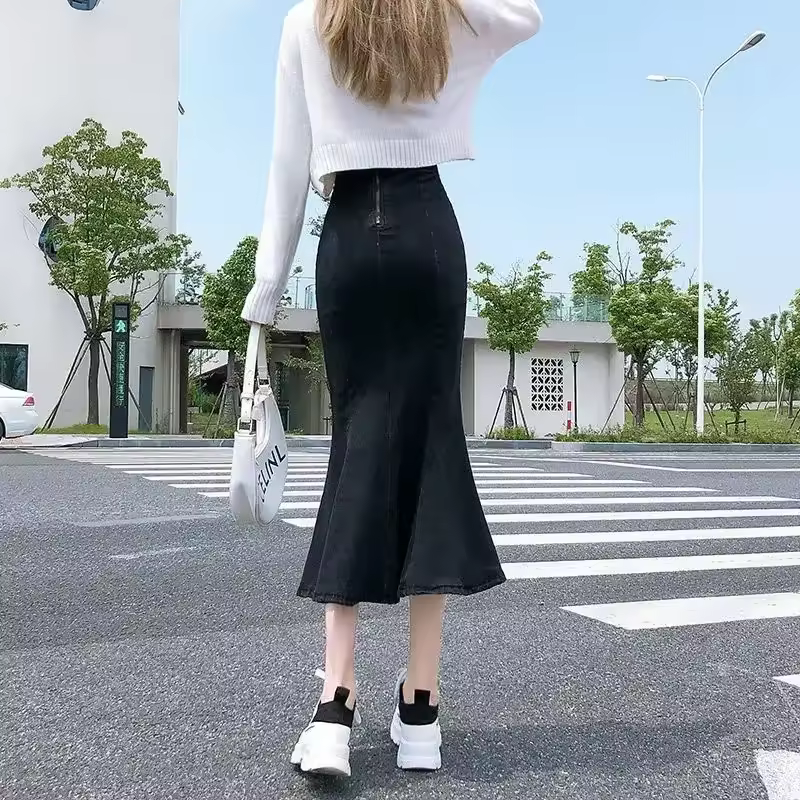 Casual Ruffles Denim High Waist Empire Midi Stretch Skirt - Image 5