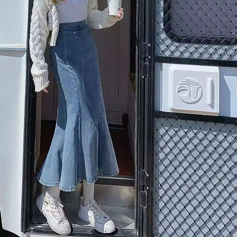 Casual Ruffles Denim High Waist Empire Midi Stretch Skirt - Image 2